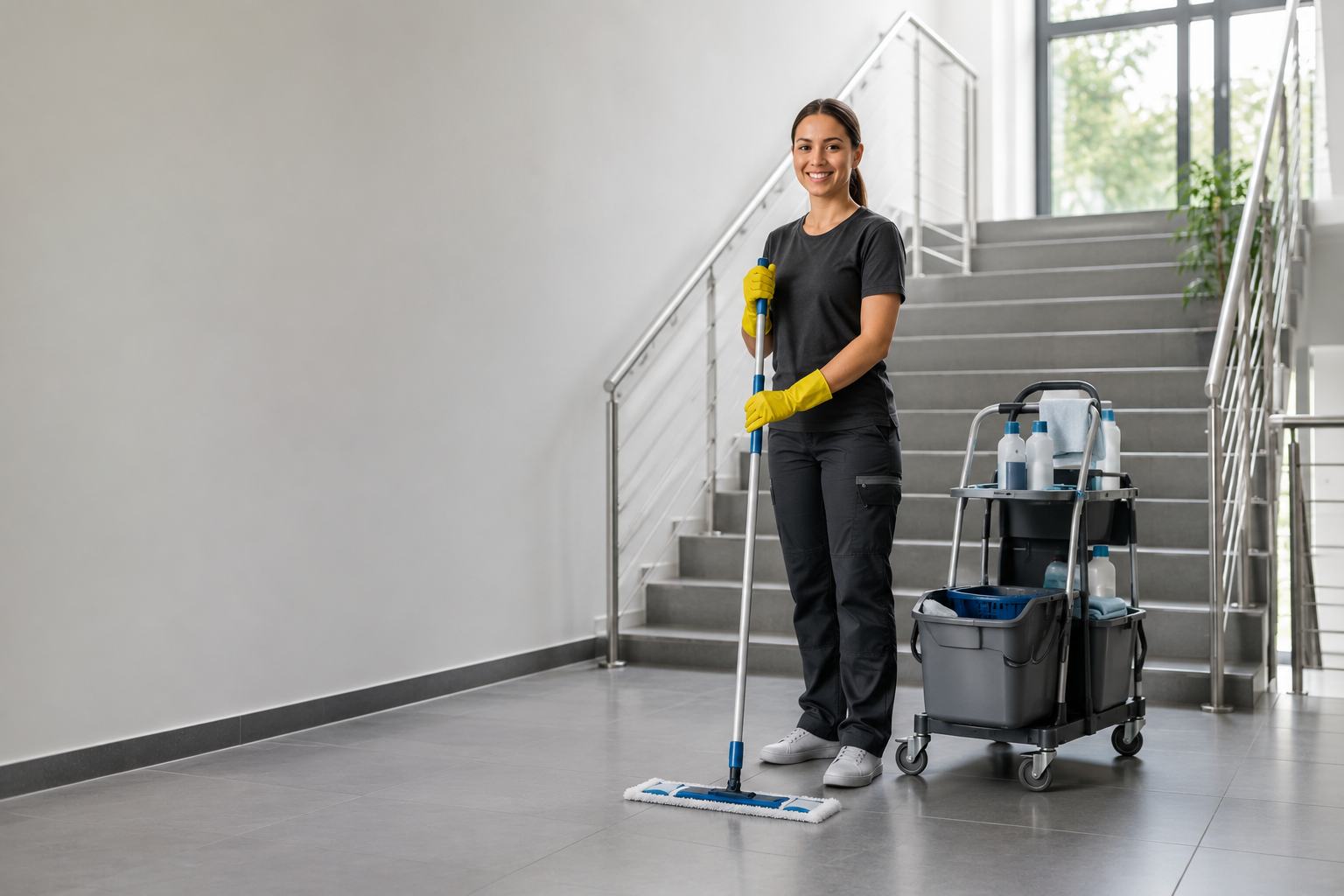 Reinigungskraft von Reinglanz Berlin mit Reinigungswagen im Treppenhaus